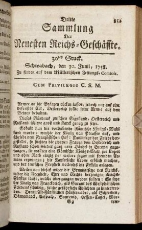 30tes Stuck. Schwabach, den 30. Junii, 1758.