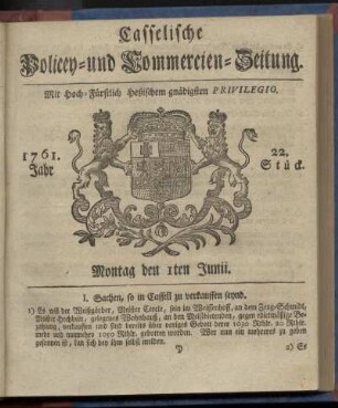 22. Stueck, Montag den 1ten Junii 1761