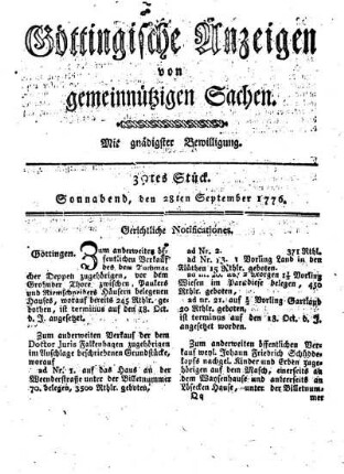 39tes Stück. Sonnabend, den 28ten September 1776.