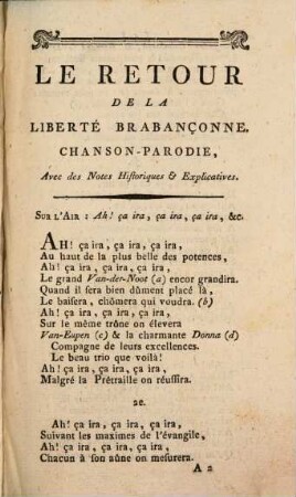 Le Retour De La Liberté Brabançonne : Chanson-Parodie ; Avec des Notes Historiques et Explicatives ; Maestricht Le 26 Octobre 1790