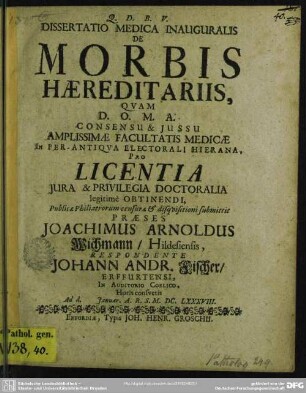 Dissertatio Medica Inauguralis De Morbis Haereditariis