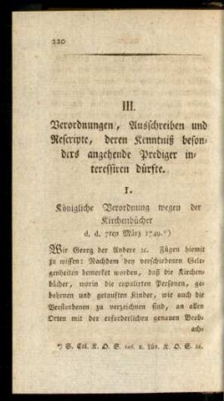 III. Verordnungen, Ausschreiben und Rescripte, deren Kenntnis besonders angehende Prediger interessieren dürfte.