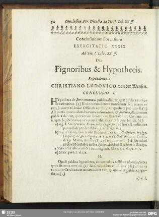 Conclusionum Forensium Exercitatio XXXIX. Ad Tit. I. Libr. XX. ff. De Pignoribus & Hypothecis