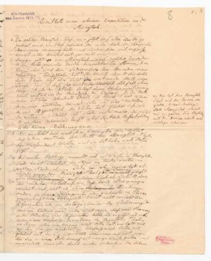Expeditionsbericht mit dem Titel "Resultat einer kleinen Expedition an den Manytsch" nebst Umschlag / Baer, Karl Ernst