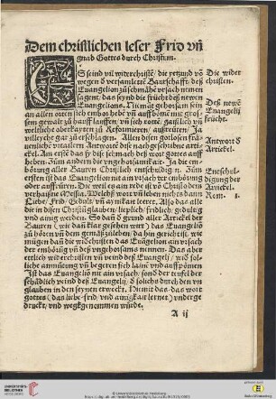 Dem christlichen leser frid un gnad Gottes durch Christum