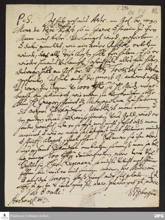 Postskriptum von Justus Samuel Scharschmidt an August Hermann Francke.