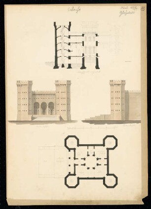 Wache Monatskonkurrenz November 1839: Grundriss Erdgeschoss, Aufriss Vorderansicht, Seitenansicht (teilweise), Querschnitt; Maßstabsleiste