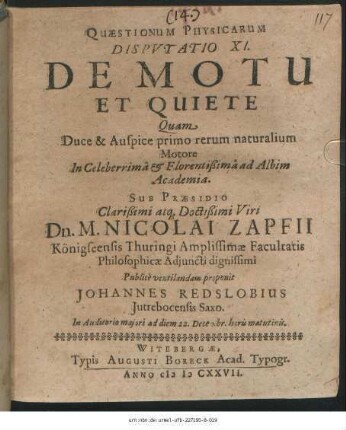 Quaestionum Physicarum Disputatio XI. De Motu Et Quiete