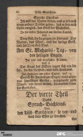Der vierte Theil Dieses Spruch-Büchleins, Von den Tisch-Sprüchlein, so vor- und nach dem Essen zu sprechen.