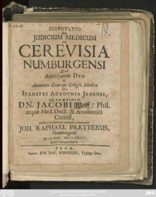 Disputatio seu Iudicium Medicum De Cerevisia Numburgensi