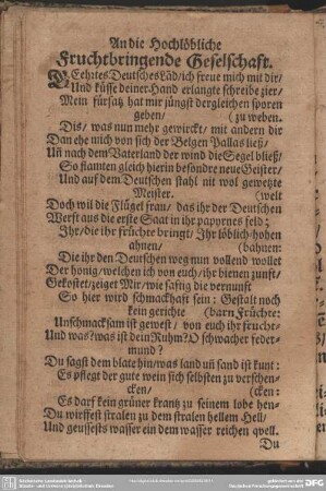 An die Hochlöbliche Fruchtbringende Geselschaft