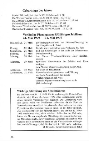 Vorläufige Planungen zum 450jährigen Jubiläum 24. Mai 1979 - 31. Mai 1979
