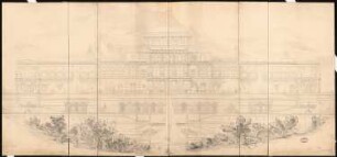 Kurhaus Schinkelwettbewerb 1863: Aufriss Gartenansicht; Maßstabsleiste