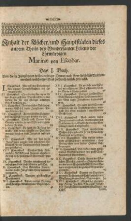 Inhalt der Bücher/und Hauptstücken dieses andern Theils des Wundersamen Lebens der Ehrwürdigen Marinae von Escobar