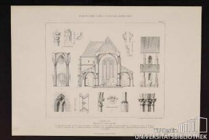 Treysa Stadtpfarrkirche A Querschnitt im Schiffe. B Inneres System des Schiffes. C Äußeres System des Schiffes. D Fenster im Mittelschiff. E Grundriss des Fensters im Mittelschiff. F Details der Dienste im Chor. G Kapitelle im Mittelschiff. H Details von der sptägothischen Blende im Chor. J Basis der Dienste im Seitenschiff. K Details der Schiffspfeiler