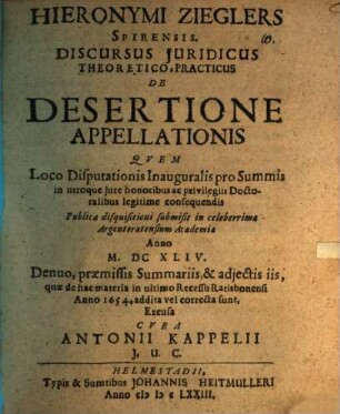 Discursus iur. [inaug.] ... de desertione appellationis