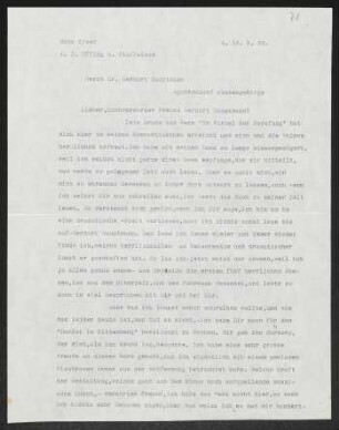 Brief von Hans Kyser an Gerhart Hauptmann