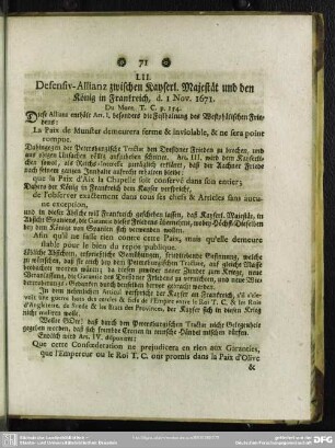 LII. Defensiv-Allianz zwischen Kayserl. Majestät und den König in Frankreich, d. 1 Nov. 1671