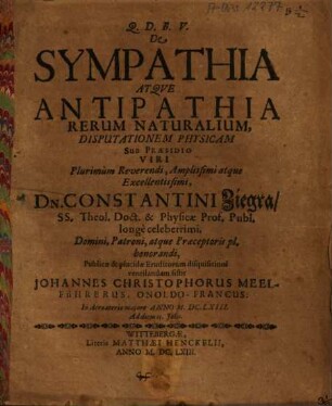 De Sympathia Atque Antipathia Rerum Naturalium