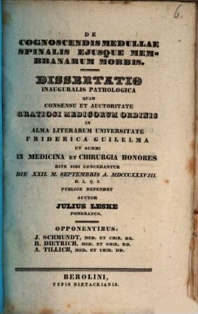 De cognoscendis medullae spinalis eiusque membranarum morbis : Diss. inaug. path.