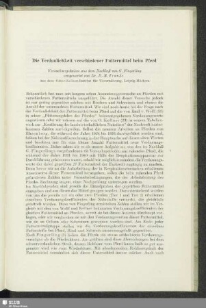 Die Verdaulichkeit verschiedener Futtermittel beim Pferd