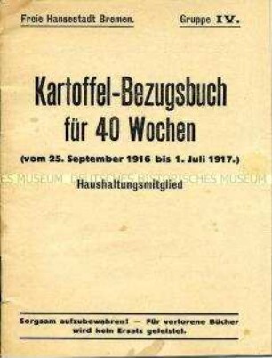 Nachweisheft der Stadt Bremen für ein Haushaltungsmitglied über den Bezug von Kartoffeln