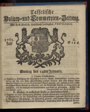 2. Stueck, Montag den 14ten Januarii 1765