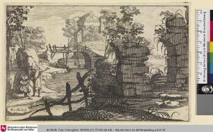 [Landschaft mit Fluss und einer Brücke und zwei Männern]