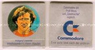 Streichholzbriefchen des Commodore-Fan-Clubs mit Aufkleber von Wolfgang Dremmler vom F.C. Bayern München