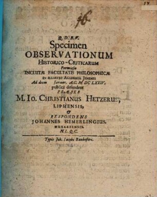 Specimen observationum historico-criticarum