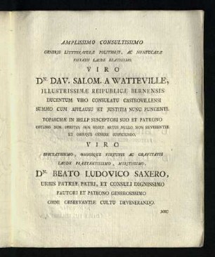 Amplissimo Consultissimo Generis ...