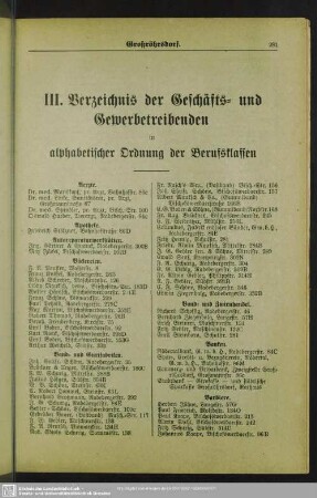 Berufsklassen und Gewerbebetriebe : III. Verzeichnis der Geschäfts- und Gewerbetreibenden