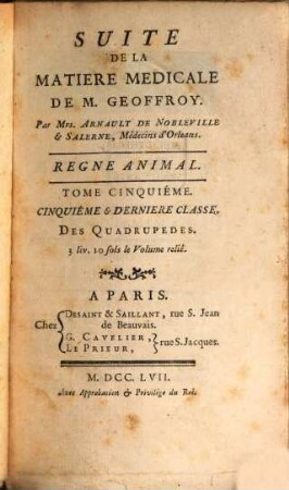 Histoire Naturelle Des Animaux, Tome Cinquiéme. Regne Animal