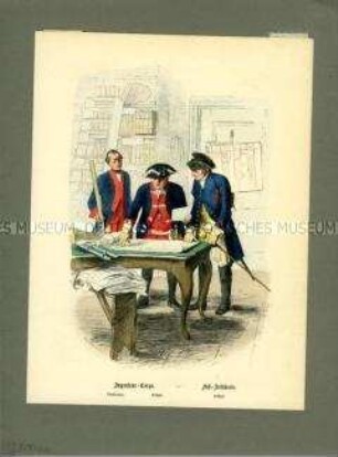Offizier und Kondukteur des Ingenieur-Korps, Offizier der Artillerie, Preußen um 1780. Aus Lange/Menzel: Die Soldaten Friedrichs des Großen.
