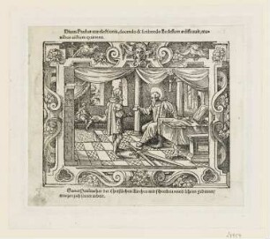 Paulus gibt dem Boten den Brief, aus: "Biblische Figuren deß Neuwen Testaments", Frankfurt am Main 1562, S. m1 verso