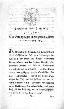 Zueignung und Einladung zur Feyer des Stiftungstages in der Parochialkirche den 10ten July 1803