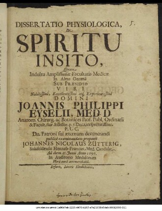 Dissertatio Physiologica, De Spiritu Insito