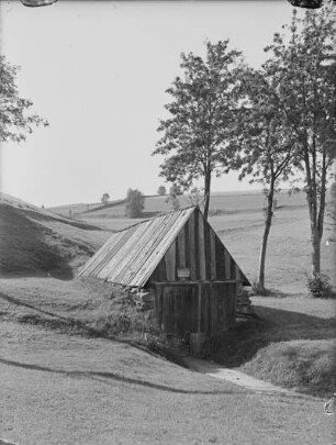 Johanngeorgenstadt, Eleonora Erbstollen am nordwestlichen Stadtrand. Kaue über dem Stollenmundloch. Blick talaufwärts zum Fastenberg