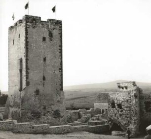 Nagyvaszony, Ungarn. Kiniszi-Burg (Ruine) aus dem 15. Jahrhundert. Bergfried gegen Bakony-Wald