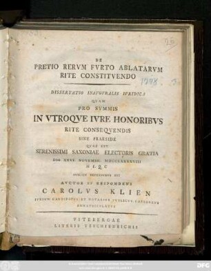 De Pretio Rervm Fvrto Ablatarvm Rite Constitvendo : Dissertatio Inavgvralis Ivridica