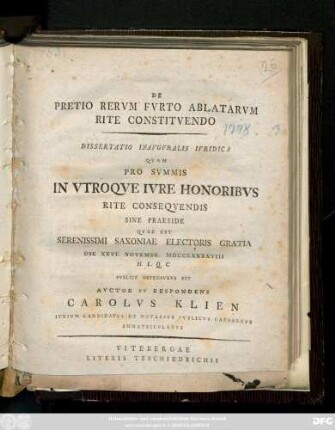 De Pretio Rervm Fvrto Ablatarvm Rite Constitvendo : Dissertatio Inavgvralis Ivridica