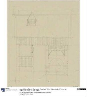 Darmstadt, Wohnhaus Keller, Skizzenblatt mit Aufriss der Ostfassade
