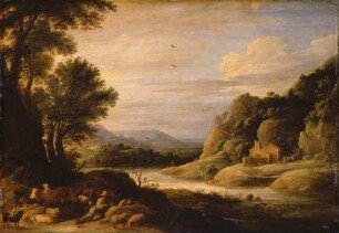 Flusslandschaft mit rastenden Hirten und Herden