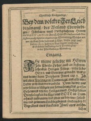 Christliche Leichpredigt/ Bey dem volckreichen Leichbegängniß ... Herren Georgii Mylii ...