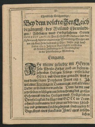 Christliche Leichpredigt/ Bey dem volckreichen Leichbegängniß ... Herren Georgii Mylii ...