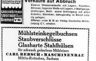 Triebischtal-Roitzschen. Anzeige von Carl Rebsch Maschinenbau aus: Der Deutsche Müller vom 15.2.1935