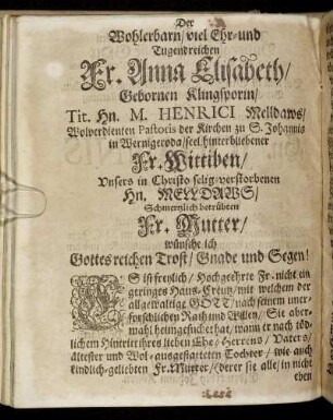 Der Wohlerbarn, viel Ehr- und Tugendreichen Fr. Anna Elisabeth, Gebornen Klingsporn [...]