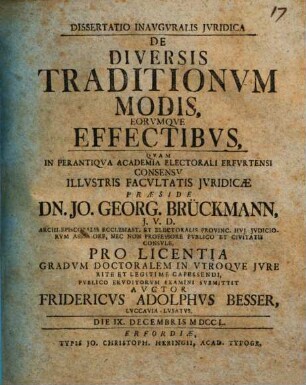 Dissertatio Inavgvralis Jvridica De Diversis Traditionvm Modis, Eorvmqve Effectibvs
