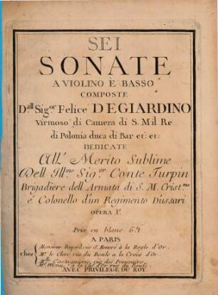 Sei sonate a violino è basso : opera Ia