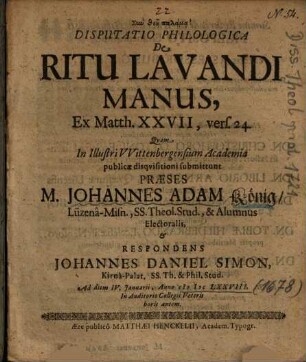 Disputatio Philologica De Ritu Lavandi Manus, Ex Matth. XXVII, vers. 24.